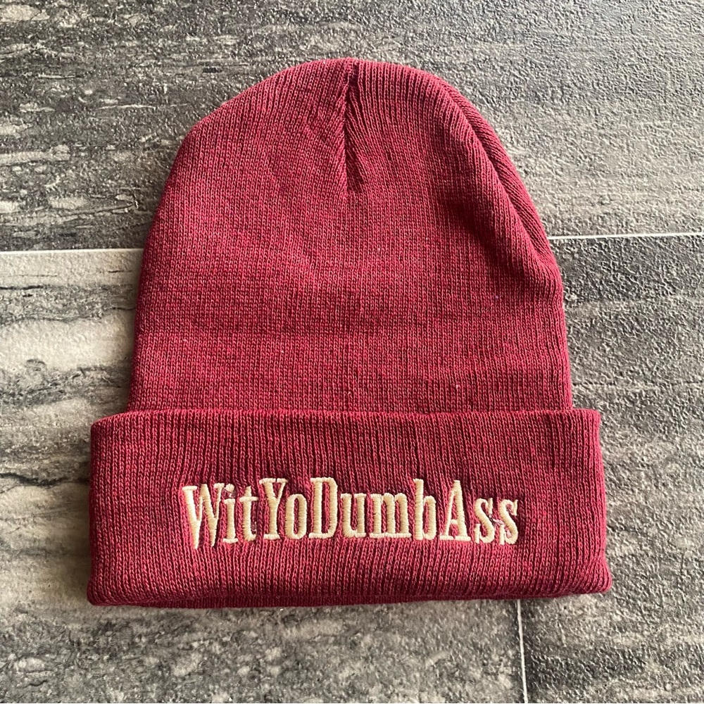 A WYDA Beanie I have burgundy green navy blue and brown